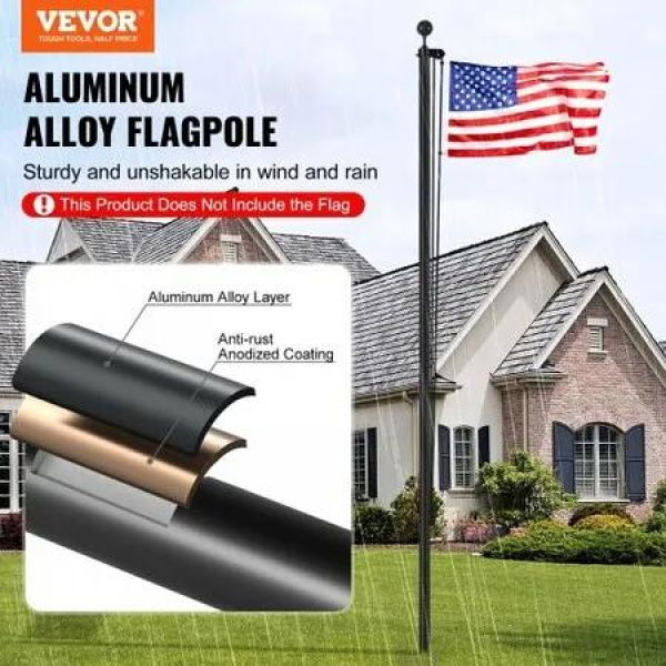 20FT Detachable Flagpole Kit Heavy Duty Aluminum Flag Pole Black