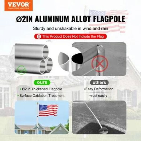 20FT Telescopic Flagpole Kit Heavy Duty Aluminum Alloy Flag Pole Kit in Ground for Outside 3 Display Modes Flagpole with Professional Accessories Silver