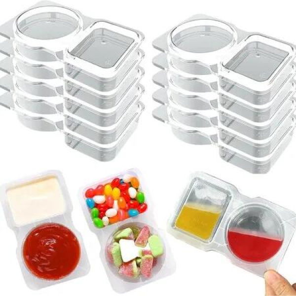 20Pc Dual Compartment Condiment Containers with Lids,Reusable 2-Compartment Plastic Snack Containers,Leakproof Condiment Storage