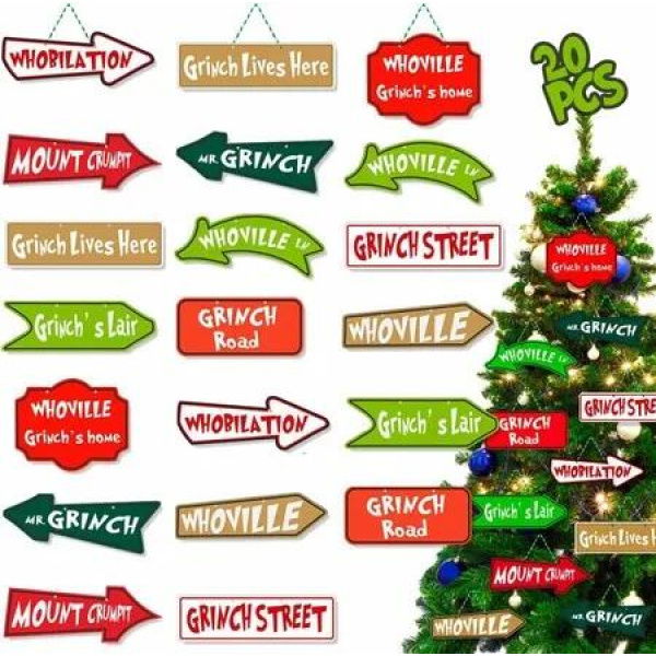 20PCS Road Sign Christmas Tree Ornaments Ideal For Christmas Tree Decorations And Festive Events