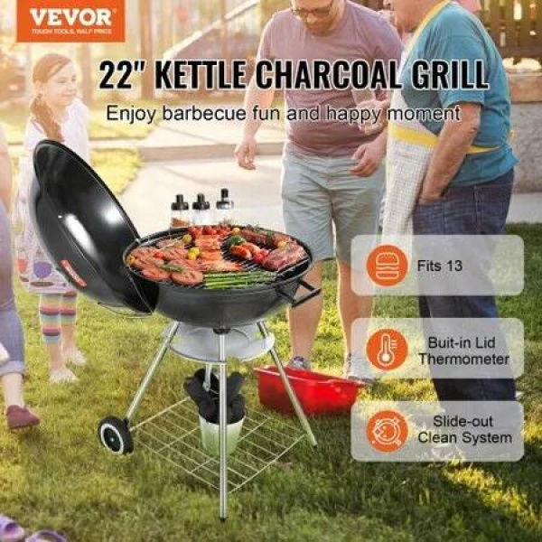 22 inch Kettle Charcoal Grill Premium Kettle Grill with Wheels and Cover Porcelain-Enameled Lid and Ash Catcher & Thermometer for BBQ Round Barbecue Grill