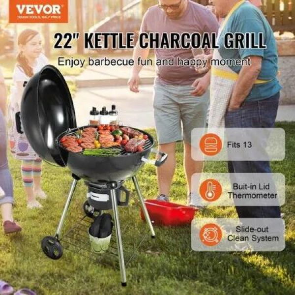 22' Kettle Charcoal Grill Premium Kettle Grill with Wheels Grate and Cover Porcelain-Enameled Lid and Firebowl with Slide Out Ash Catcher Thermometer