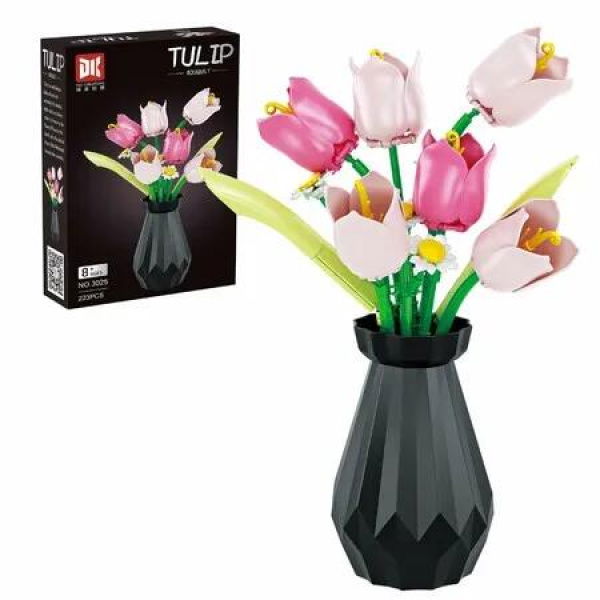 223 PCS Tulip Blocks Artificial Flower Bouquet Building Set With Vase Botanical Collection Christmas Valentine Birthday Gift For Girl Mom Women