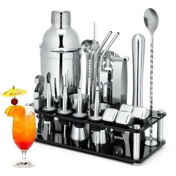 23-Piece Cocktail Shaker Set with Stainless Steel Tools, Acrylic Stand, and Mixing Guide