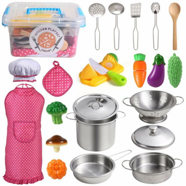 23Pcs Kitchen Pretend Play Toys With Stainless Steel Cookware Pots And Pans Cooking Utensils Apron Chef Hat Cutting Vegetables Gifts For Kids