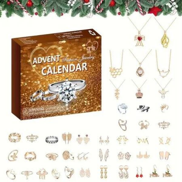 24-Day Christmas Advent Calendar Set -2024 Countdown to Christmas, Fashion Jewelry Party Kit with Rings,Earrings,Necklaces