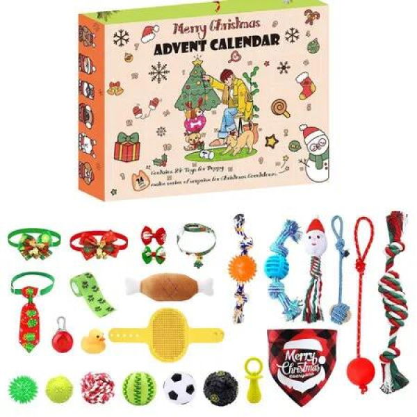 24 Day Dog Advent Calendar Christmas Countdown with Chew Ropes Squeaky Balls and Teething Toys for Small & Large Dogs