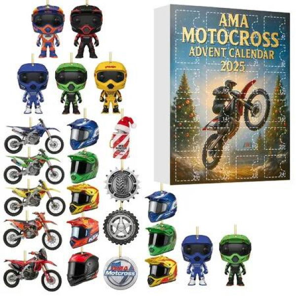 24 Day Motocross Advent Calendar 2025 With 2D Acrylic Dirt Bike Ornaments, Racer Figures Helmet Charms Christmas Decoration Gift for Motocross Lovers