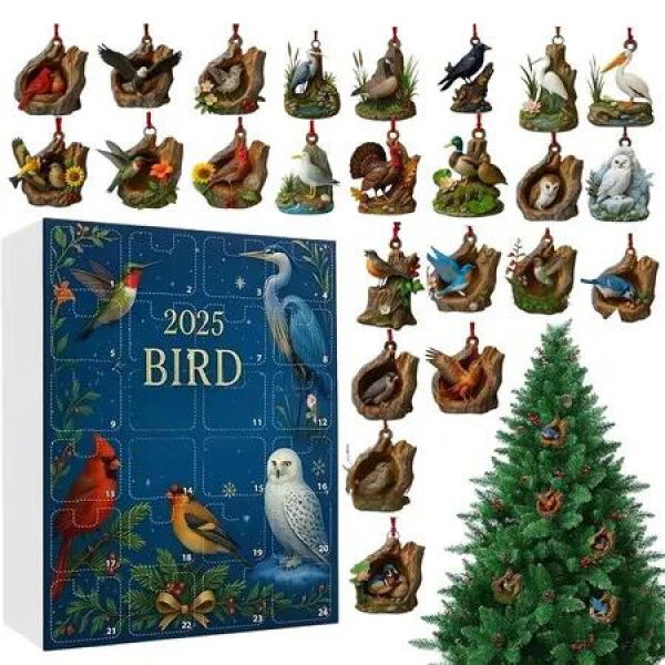 24 Days Bird Christmas Countdown Calendar, 2D Flat Acrylic Birds Pendant Ornaments 2025 Holiday Scene Props for Festive Decoration