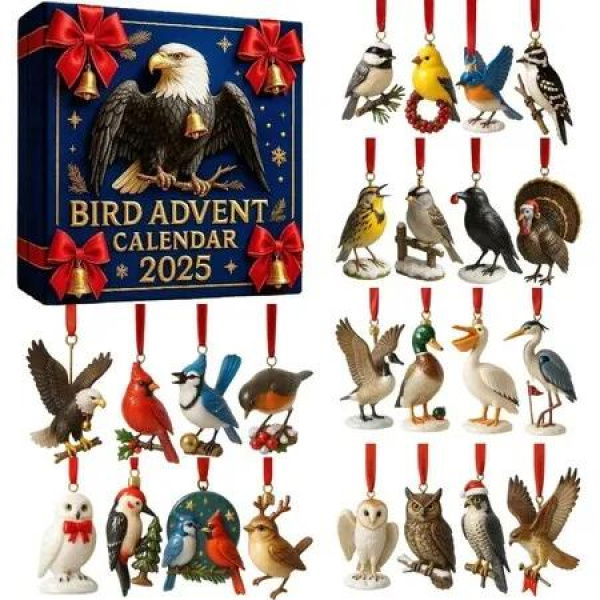 24 Days Bird Christmas Countdown Calendar, 2D Flat Acrylic Birds Pendant Ornaments 2025 Holiday Scene Props for Festive Decoration