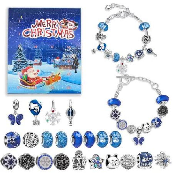 24 Days Christmas Countdown Calendar with 2 Bracelets and 22 Blue Dreamy Charm Beads, Christmas Advent Calendar for DIY Bracelets Jewelry Making Kit Gift