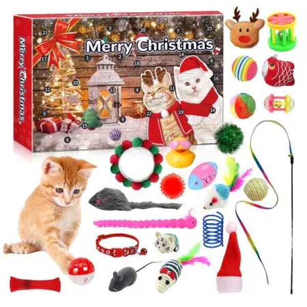 24 Days Christmas Countdown Calendar with Assorted Cat Toys, Interactive Cat Advent Calendar Toy for Cat Lovers Xmas Gifts