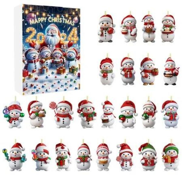 24 Days Christmas Countdown Calendar with Snowman Hanging Ornament, Cute 2D Acrylic Figurines for Christmas Tree Decoration