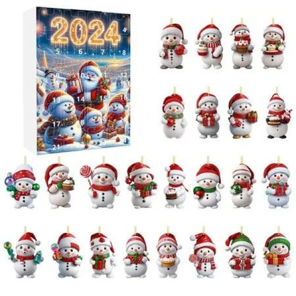 24 Days Christmas Countdown Calendar with Snowman Hanging Ornament, Cute 2D Acrylic Figurines for Christmas Tree Decoration