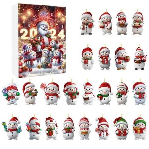 24 Days Christmas Countdown Calendar with Snowman Hanging Ornament, Cute 2D Acrylic Figurines for Christmas Tree Decoration