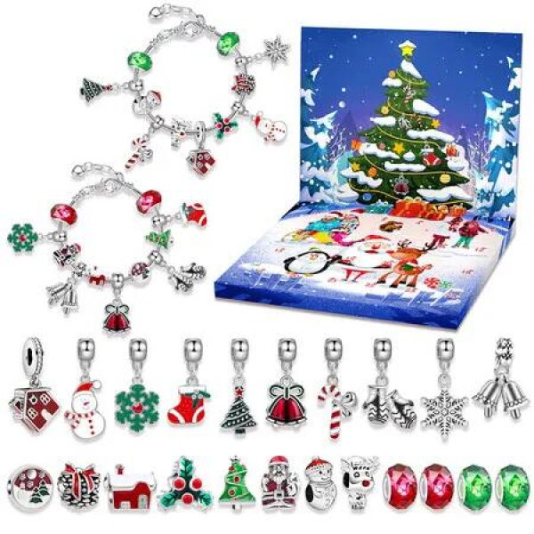 24 Days Countdown to Christmas Calendar Alloy Bracelet, Party Supplies Handmade Bracelet Jewelry Making Kit for Girls