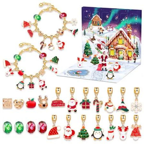 24 Days Countdown to Christmas Calendar Alloy Bracelet, Party Supplies Handmade Bracelet Jewelry Making Kit for Girls