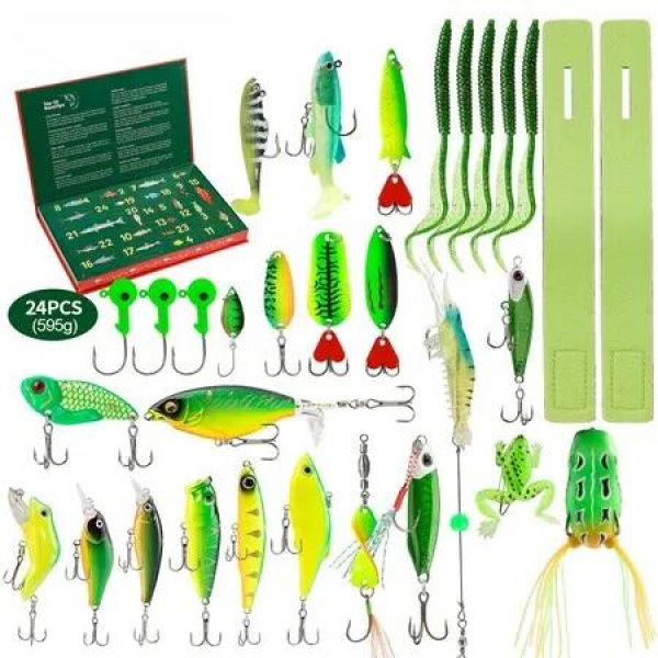 24 Days Fishing Lure Kit Christmas Countdown Advent Calendars Fish Gear Set Christmas Fishing Tackle Lure Gear Set for River Sea Pond Fishing lover