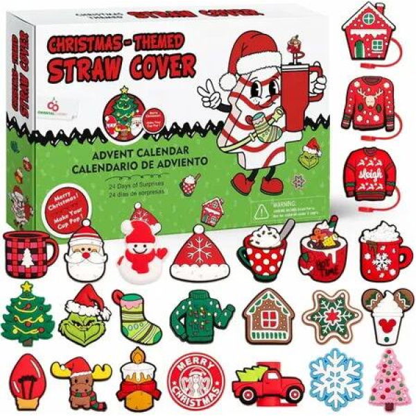 24 Days of Christmas Countdown AdventCalendars 10mm Straw Toppers, Fun Gifts for Cup 30Oz 40Oz Tumbler