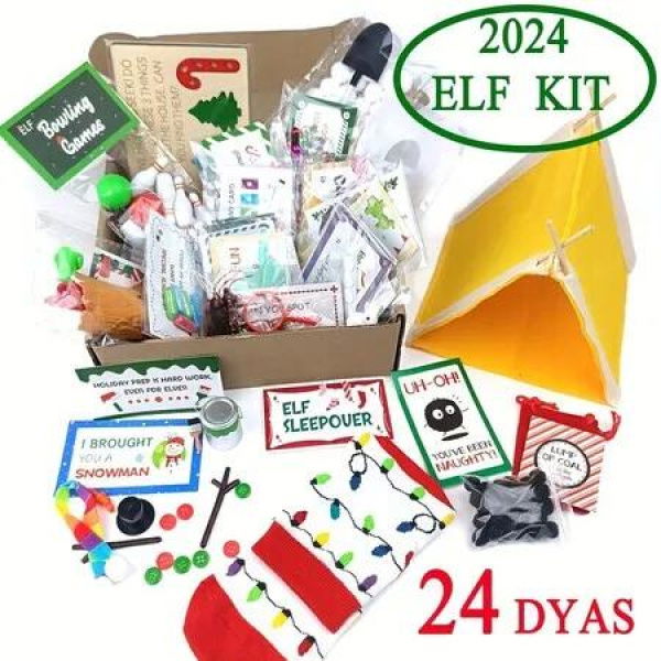 24 Days of Christmas Elf Kit Christmas Holiday Elf Mischief Activities Supplies,Elf Props Accessories for Home Decor and Fun