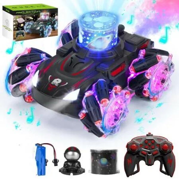2.4 GHz 360 Degree Rotating RC Stunt Car with Music,Light Spray HD Projection Drift Toy Cars Birthday Present for Age 3+ Girls Boys(Red)