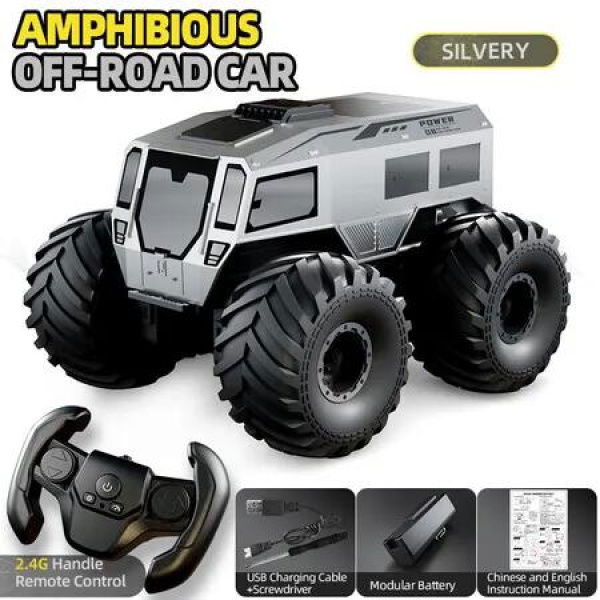 2.4 GHz All-Terrain Amphibious Remote Control Car Toys, Remote Control Monster Truck, Ideal Birthday Gifts for Boys and Girls (Silver)
