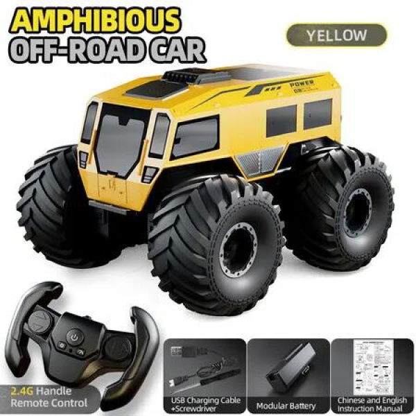 2.4 GHz All-Terrain Amphibious Remote Control Car Toys, Remote Control Monster Truck, Ideal Birthday Gifts for Boys and Girls (Yellow)