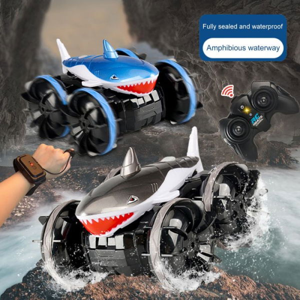 2.4 GHz Amphibious RC Car Shark Remote Control Monster Truck Fits All Terrain 360 Rotating RC Boat Gifts For Kids. Color: Black.