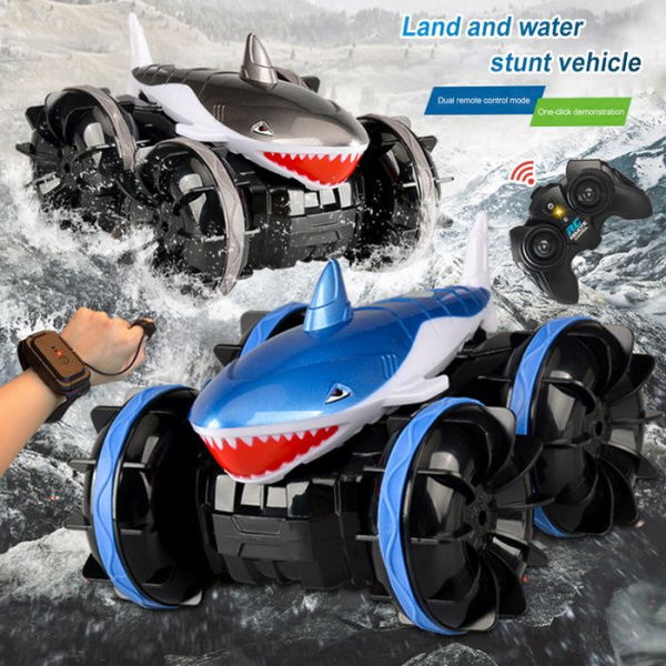 2.4 GHz Amphibious RC Car Shark Remote Control Monster Truck Fits All Terrain 360 Rotating RC Boat Gifts For Kids Color: Blue.