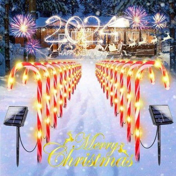 24 Pack Waterproof Solar Christmas Candy Cane Lights,Christmas Pathway Stake Lights Outdoor with 8 Modes,Solar Pathway Makers Lights