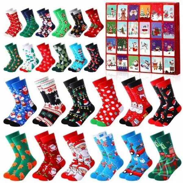 24 Pairs of Christmas Socks for Men and Women,Advent Calendar 24 Grid Socks Christmas Countdown,Advent Calendar Socks with Santa and Elk Pattern