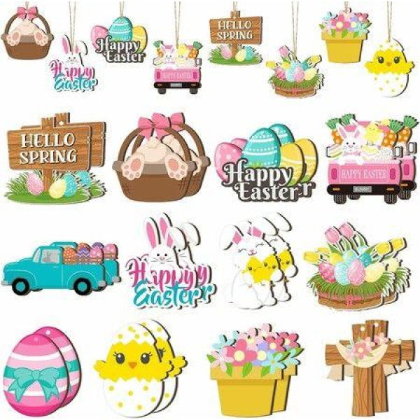 24 PCS (Egg) 12 Styles Easter Wooden Ornaments for Tree Easter Egg Gnome Bunny Chick Cutouts Wood Hanging Ornament Spring Easter Wooden Slice Decor