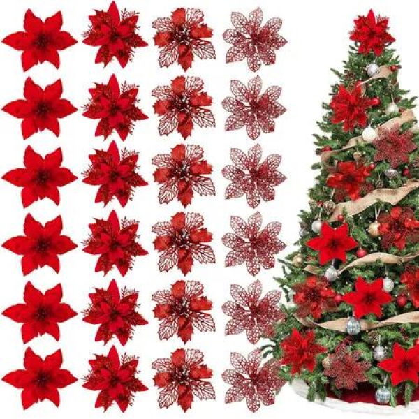 24 PCS Red Flower Christmas Tree Decorations Ideal For Christmas Tree Decorations And Festive Events