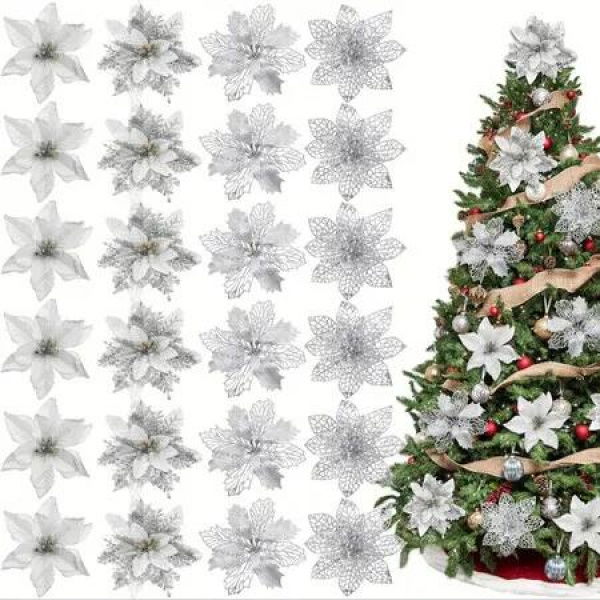 24 PCS Silver Flower Christmas Tree Decorations Ideal For Christmas Tree Decorations And Festive Events
