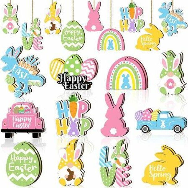 24 PCS (Truck)12 Styles Easter Wooden Ornaments for Tree Easter Egg Gnome Bunny Chick Cutouts Wood Hanging Ornament Spring Easter Wooden Slice Decor