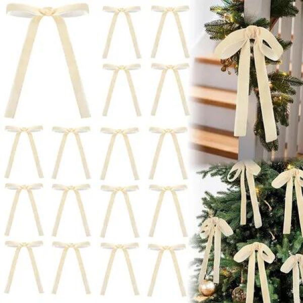24 Pcs Velvet Bows Christmas Tree Ornaments Vintage Velvet Ribbon Bows for Tree Garland Wreath Indoor Xmas Decorations, 13 x 18 CM, Beige