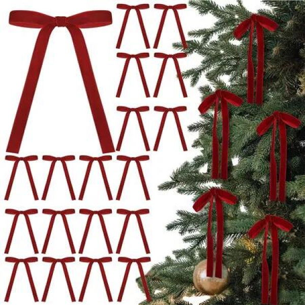 24 Pcs Velvet Bows Christmas Tree Ornaments Vintage Velvet Ribbon Bows for Tree Garland Wreath Indoor Xmas Decorations, 13 x 18 CM, Dark Red