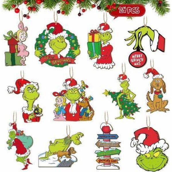 24 Piece Grinch Wooden Hanging Ornaments for Christmas Tree Decoration