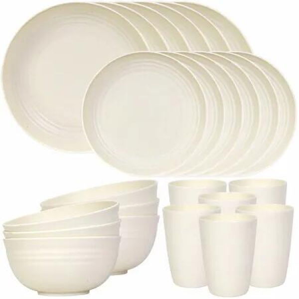 24 Piece Plates and Bowls Sets of 6,Unbreakable Wheat Straw Dinnerware Sets,Plastic Dish Set,Outdoor Kitchen and Apartment Dinning Essentials,White