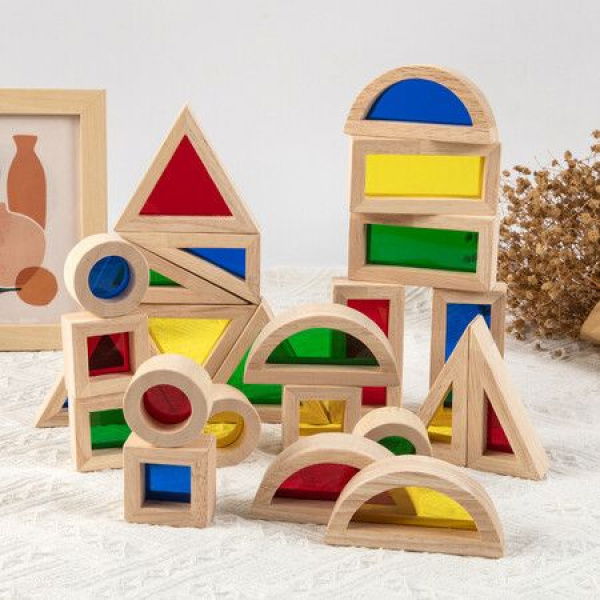 24 Pieces Wooden Building Blocks Set For Kids Geometry Sensory Rainbow Building Set Building Toys Assemble Blocks Gift