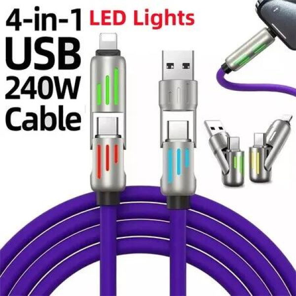 240W 4-in-1 USB C Super Fast Charge Cable With Breathing Light,Multi-Charging Cable Color Purple