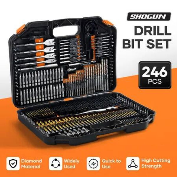 246pcs HSS Drill Bit Set Twist Drilling Tool Metal Self Centering Spade Screw Nut Driver Hand Woodworking Construction Repair Accessories Storage Case