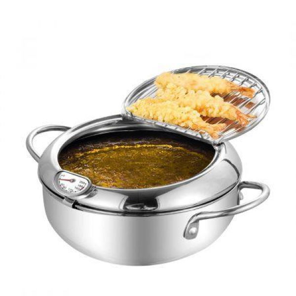 24cm Japanese Deep Frying Pan Pot With Thermometer Kitchen Tempura Fryer Silver