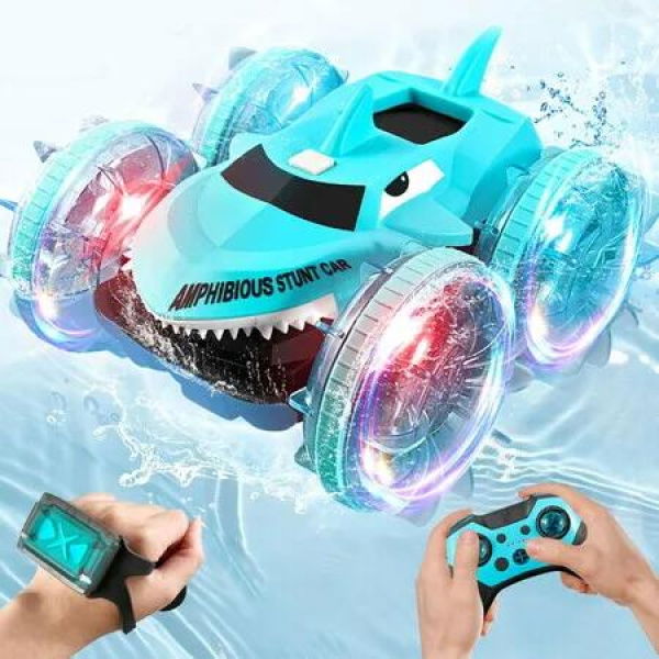 2.4G Remote Control Boat Car Amphibious with Lights 4WD Gesture Hand Controlled Water Beach Pool Toys Gifts for Kids Pool Toys Light Blue and Green