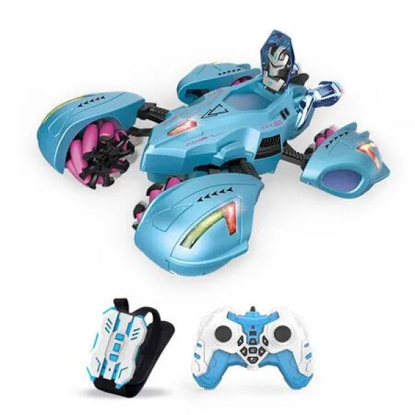 2.4G Remote Control Stunt Car Dual Remote Control 13CH Transformable Robot Car Four-wheel Drive Racing Vehicle Gesture Sensing Kids Toys Color Blue
