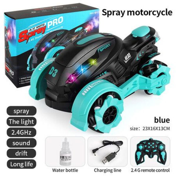 2.4G Spray Stunt RC Car Toy High Speed Drift Sport Rechargeable Cool Lighting Music 360-degree Turn Child Gift (Blue).