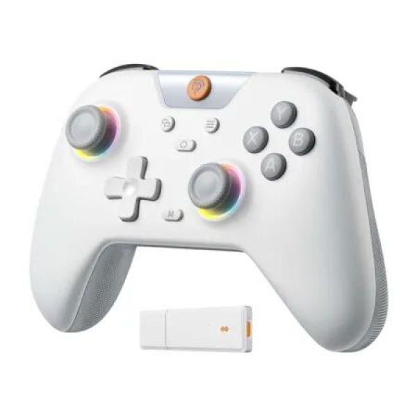 2.4G Wireless Controller for PC Switch & Steam Deck- Bluetooth Controller Gamepad with Hall Effect Joysticks Trigger,Turbo,Rumble Vibration RGB Lighting-White