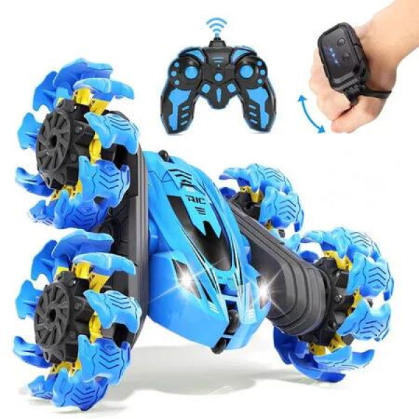 2.4GHz 4WD Remote Control Gesture Sensor Toy Car Double Sided Rotating RC Car with Light and Music, Great Gift for 4-12 Year Old Kids (Blue)