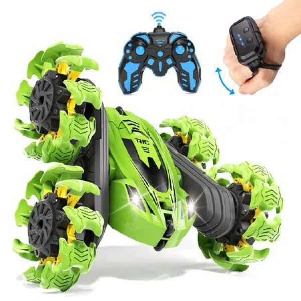 2.4GHz 4WD Remote Control Gesture Sensor Toy Car Double Sided Rotating RC Car with Light and Music, Great Gift for 4-12 Year Old Kids (Green)