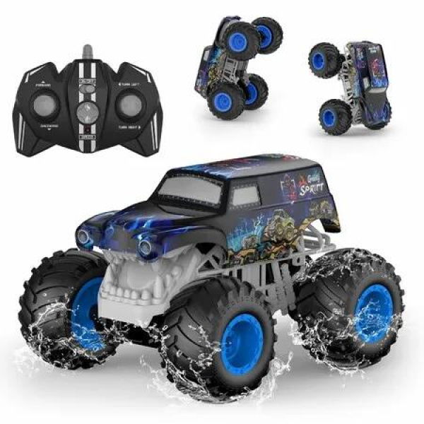 2.4GHz Amphibious Remote Control Car 1:14 Waterproof Monster Truck Toy Double Wheelie RC Trucks 4WD Off-Road Vehicle for Boys Girls 6-12+,Blue